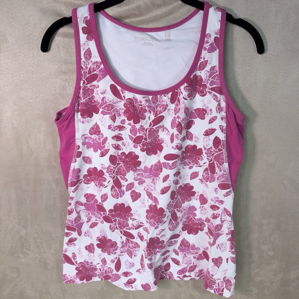 Danskin Women's Racerback Tank Top M Pink White Floral Stretch Knit Activewear